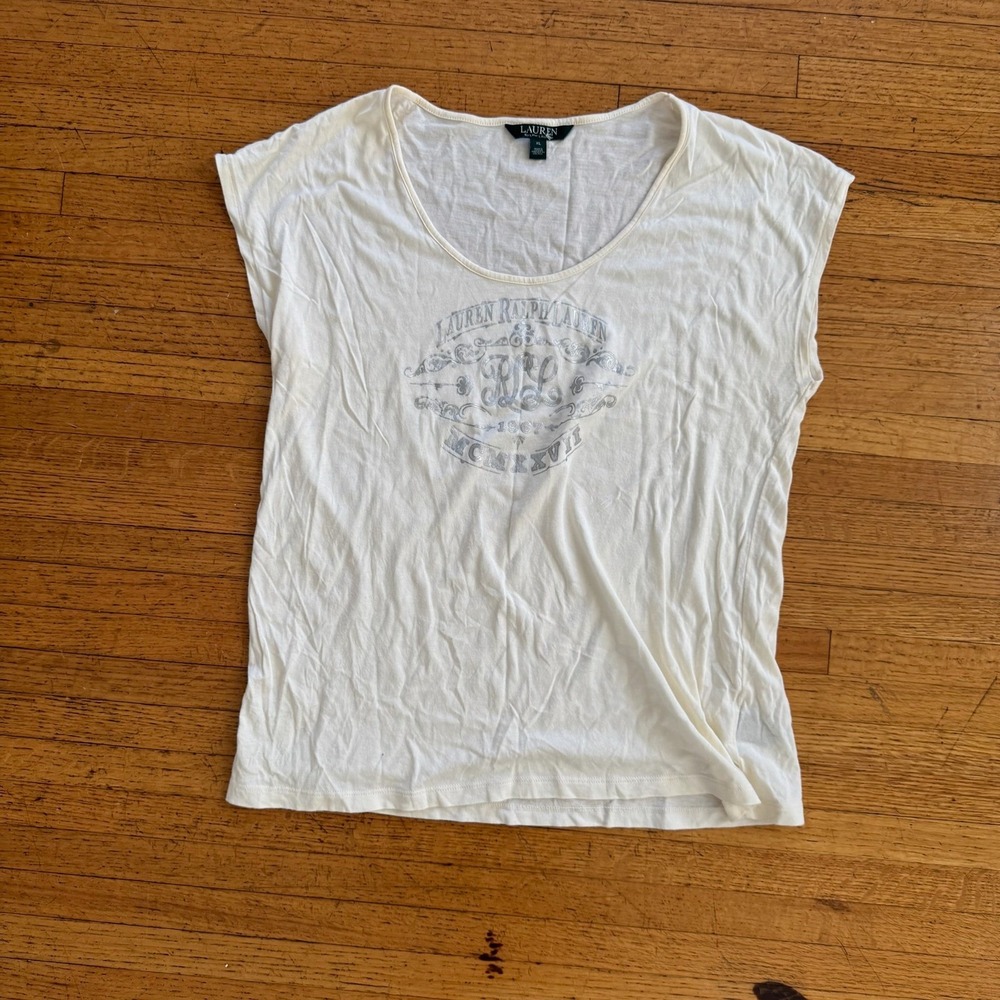 Lauren Ralph Lauren Graphic Tee Mens XL Cream Excellent Silver Crest Logo Shirt